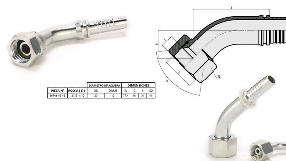 Imagen de HEMBRA CURVA 45° JIC 1.5/16'' UN X 12F 12 MANG.3/4''